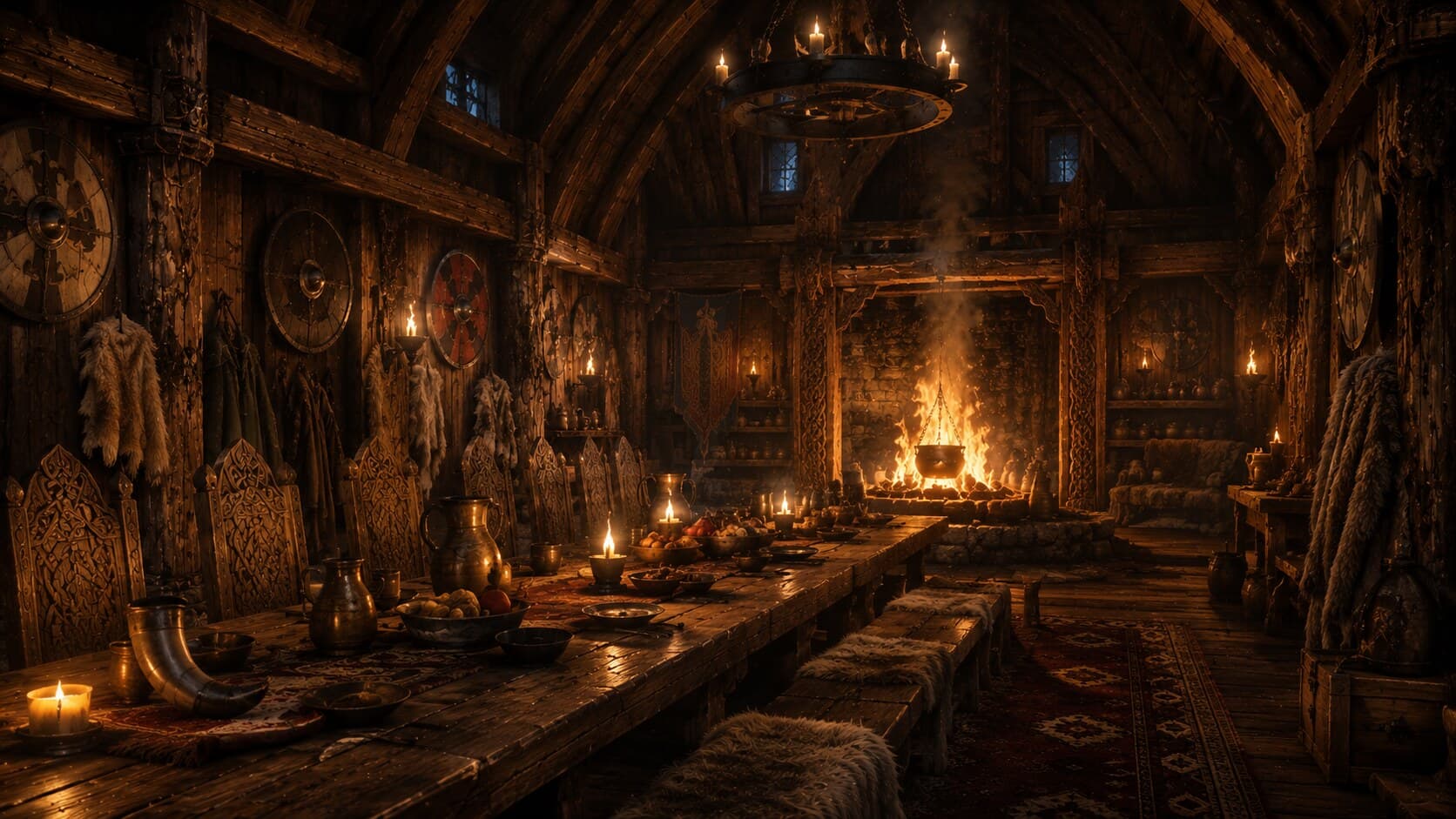Vikings gathered around the hearth of a longhall
