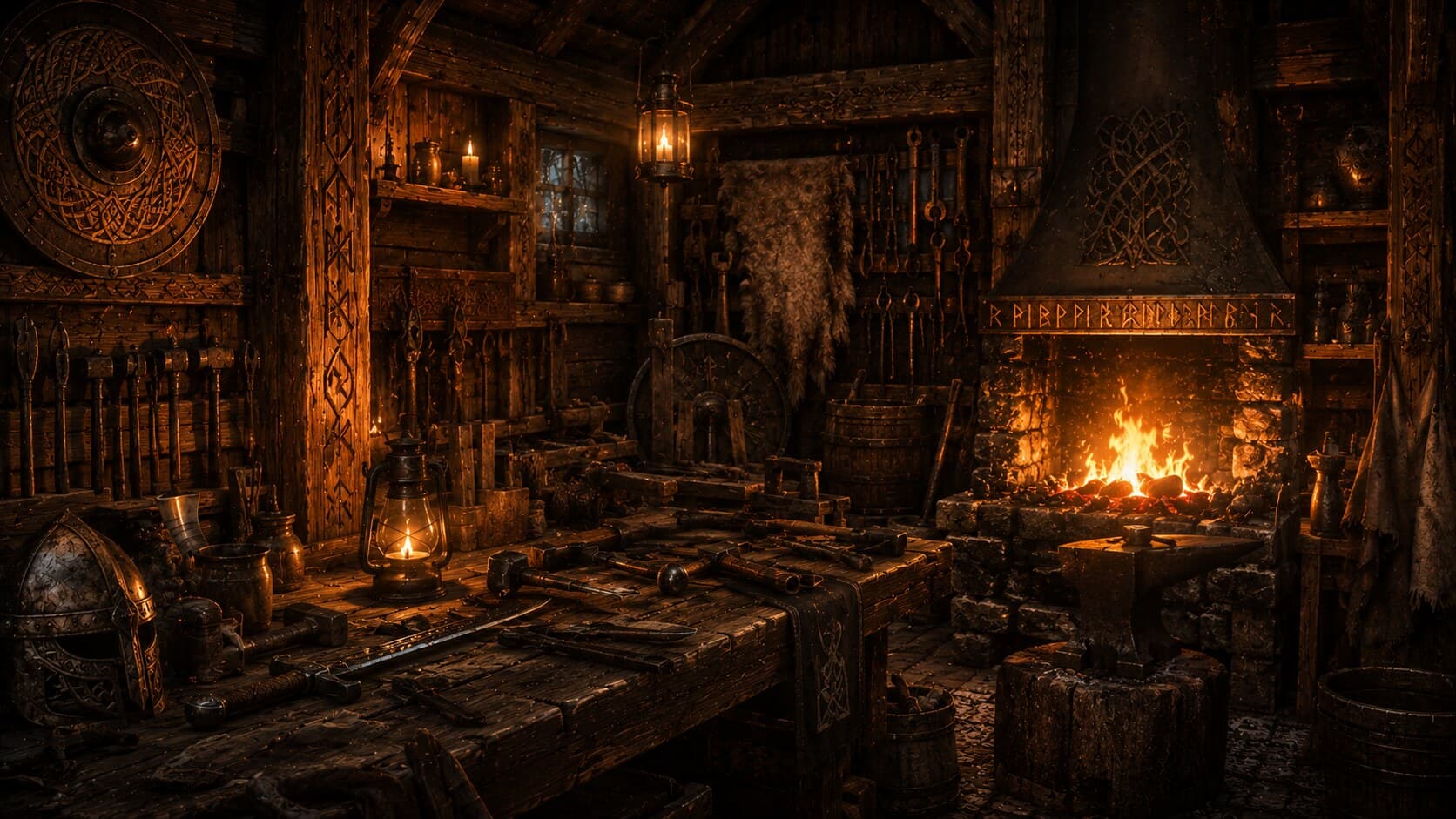 A craftsman's workbench and glowing forge