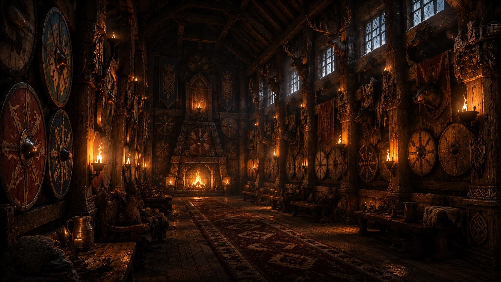 The hall of deeds, hung with trophies of great feats