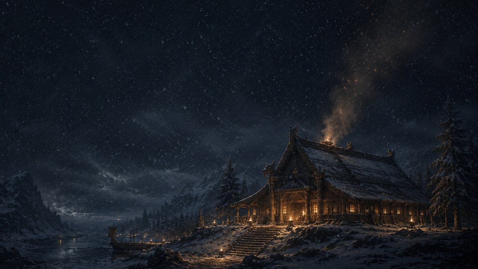 A longhall glowing warm against a snowy night